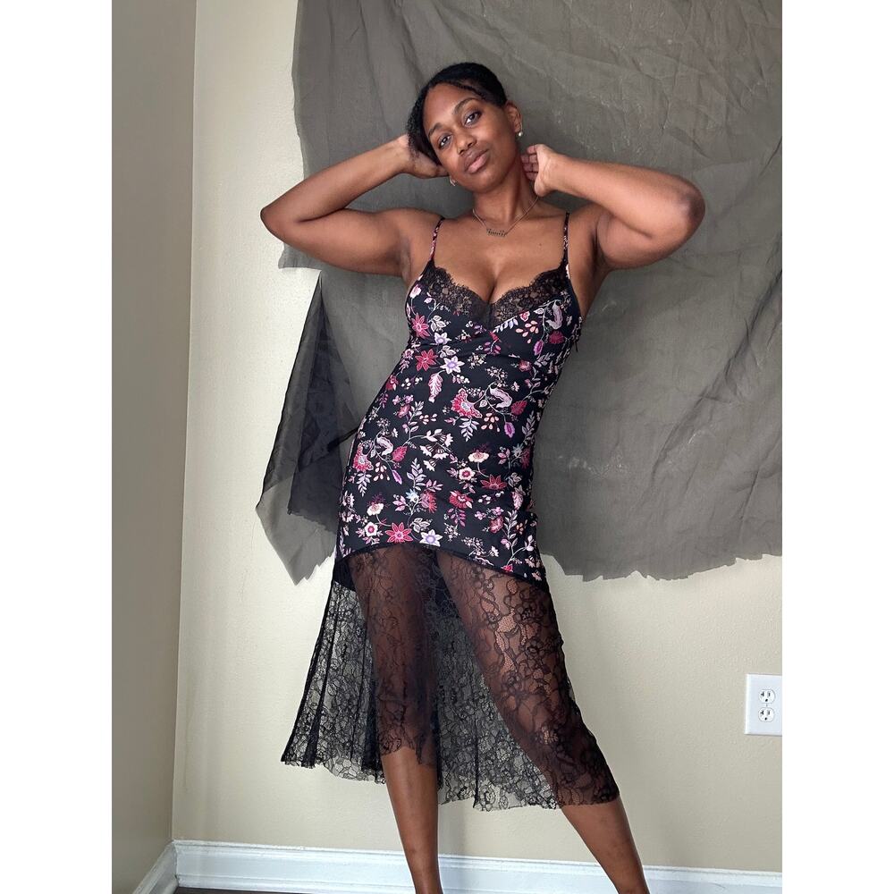 🥶 Unbranded Floral Black Lace Trim Maxi Dress Size Medium